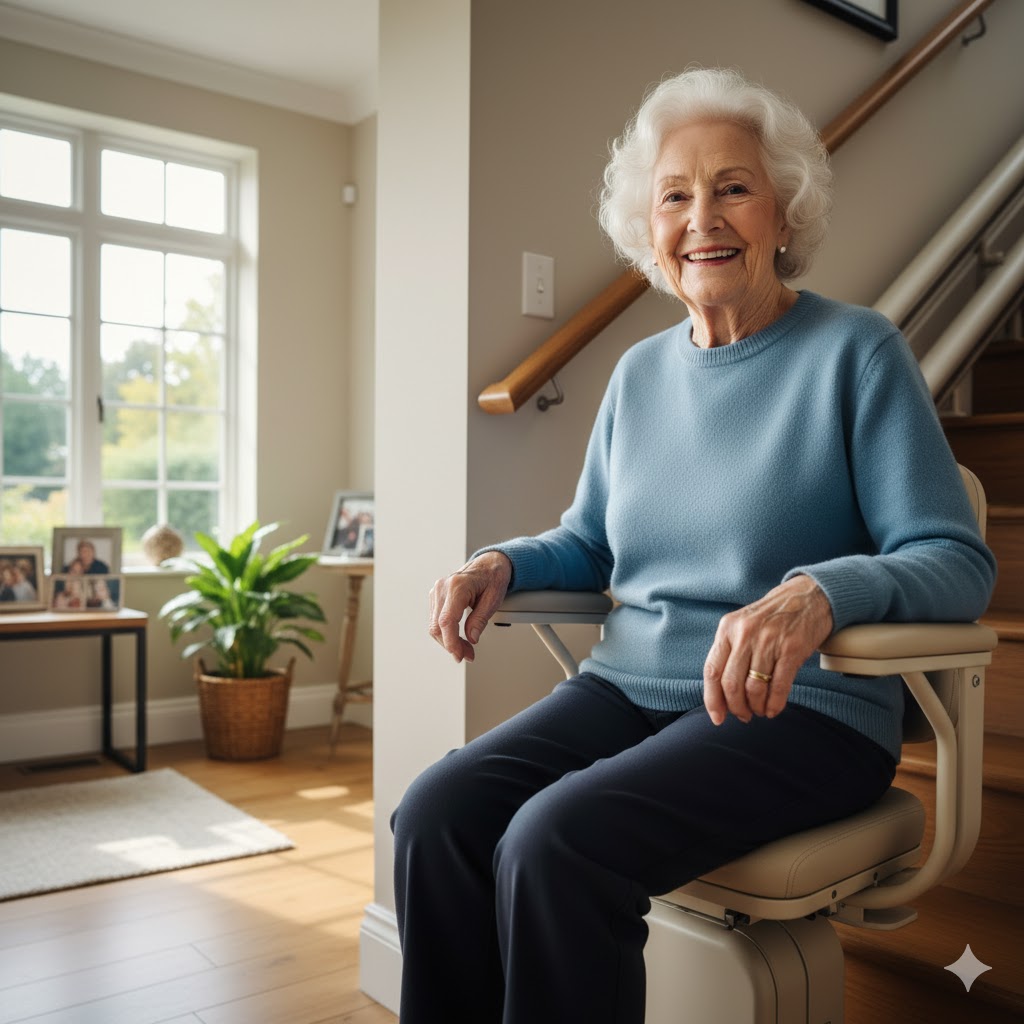 Eine Rentnerin auf einem Treppenlift in Minden